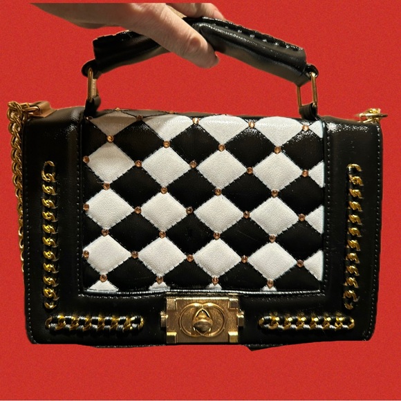 Black & White Checkered Chanel “Le Boy” Style Gold Champagne Swarovski Crystal - Picture 4 of 17